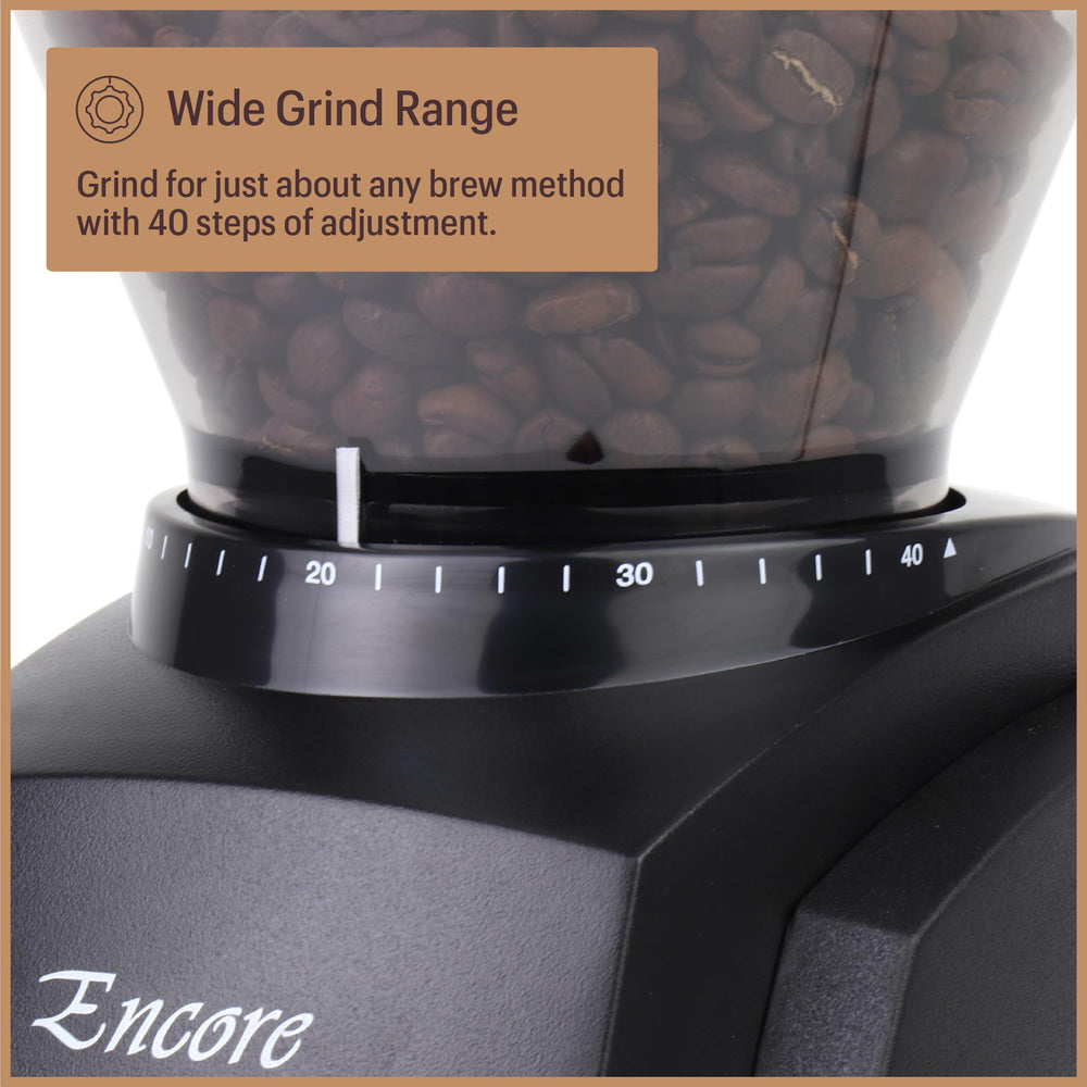 Baratza Encore en uso moliendo granos, consistencia para diferentes métodos