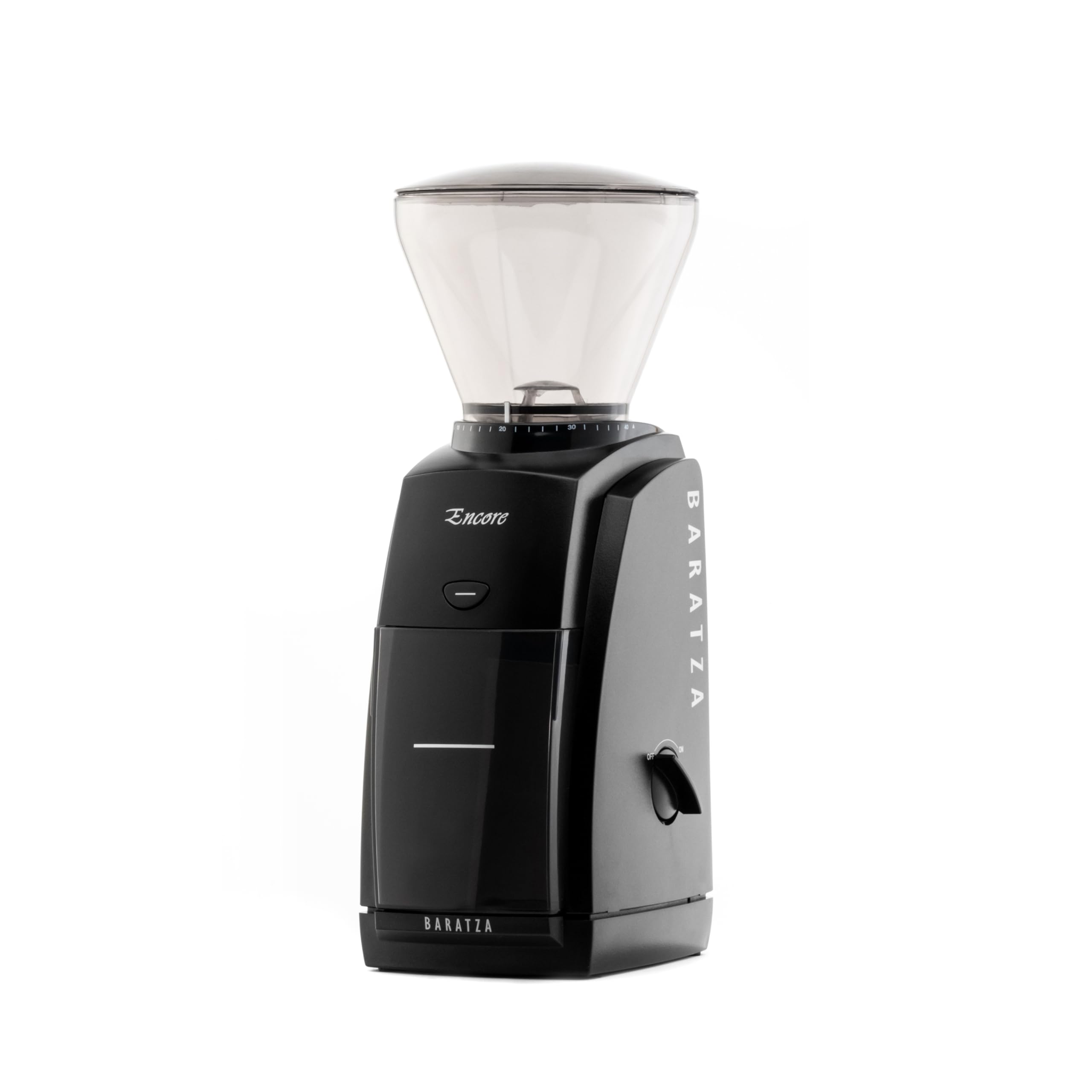 Baratza Encore vista frontal negro, diseño compacto y durable