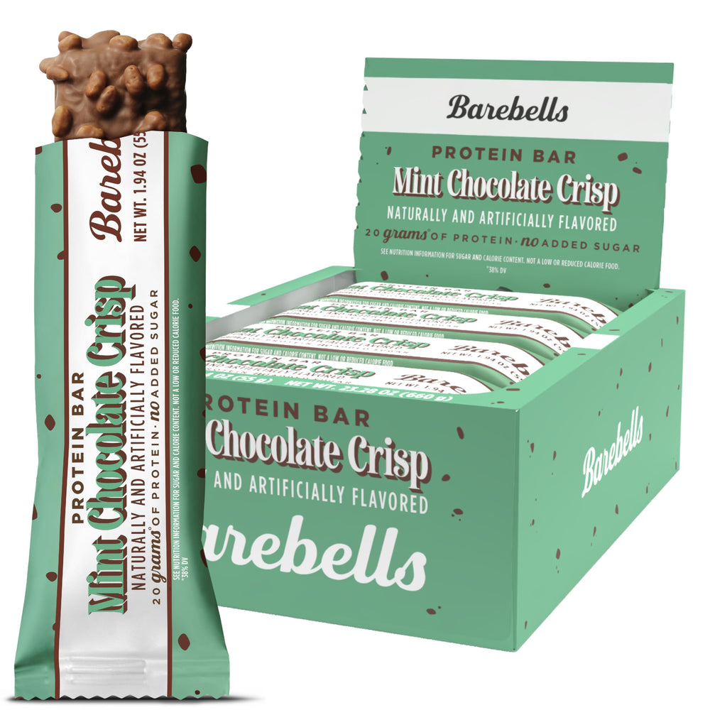 Barebells vista frontal del empaque Mint Chocolate Crisp, atractivo y práctico