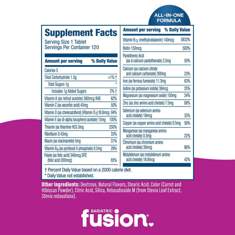 Bariatric Fusion botella abierta con tabletas para referencia de cantidad