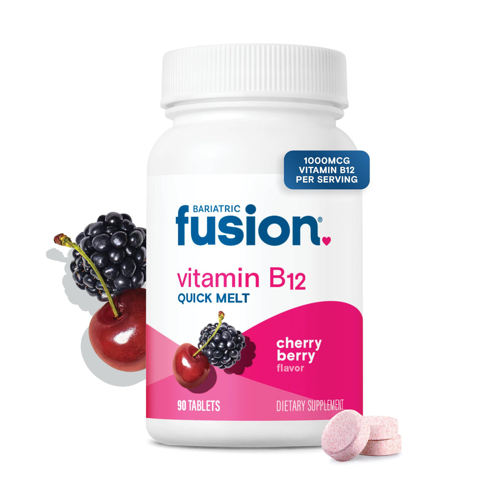 Bariatric Fusion frente del envase mostrando 90 tabletas y sabor cereza baya