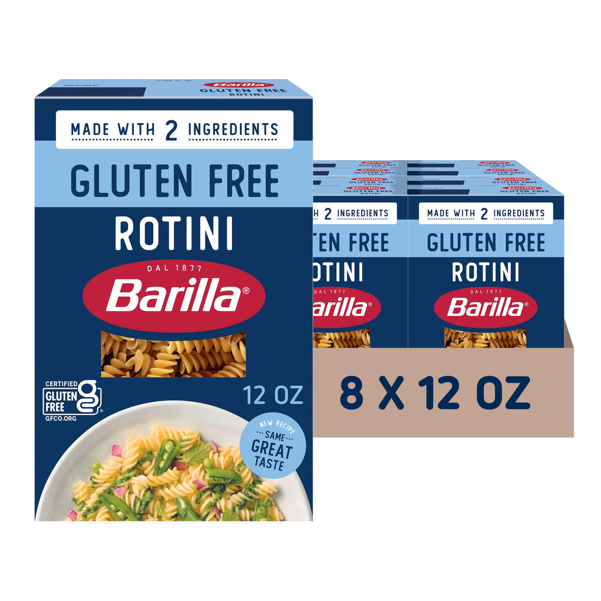 Barilla rotini frente del empaque mostrando marca y beneficio sin gluten