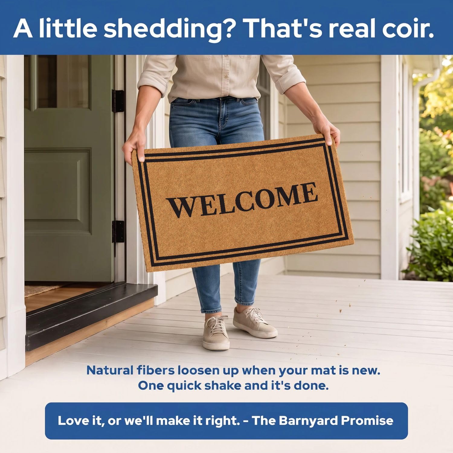 Barnyard Designs mat beside a door showing 17x30 size and fit