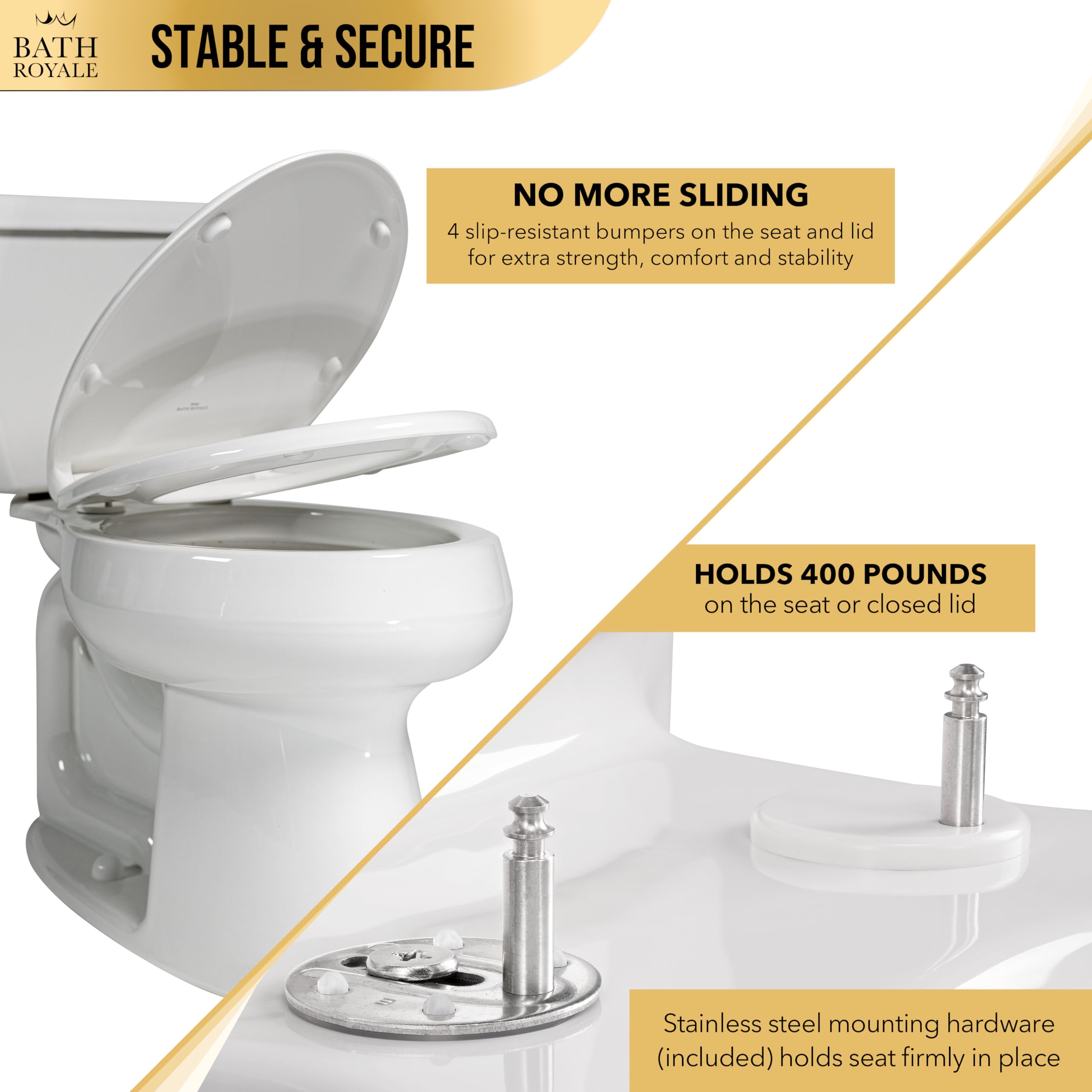 Bath Royale asiento instalado en inodoro elongado, ajuste firme y estético