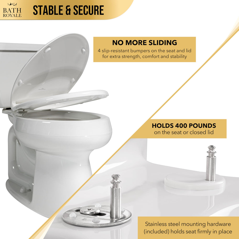 Bath Royale asiento instalado en inodoro elongado, ajuste firme y estético