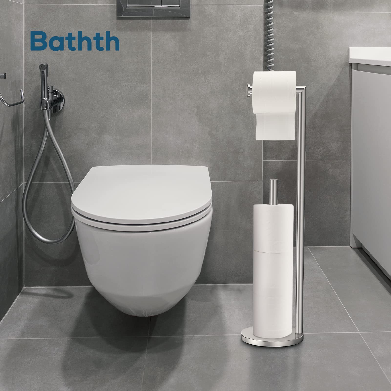 Bathth base mostrando almacenamiento seguro de tres rollos como repuesto