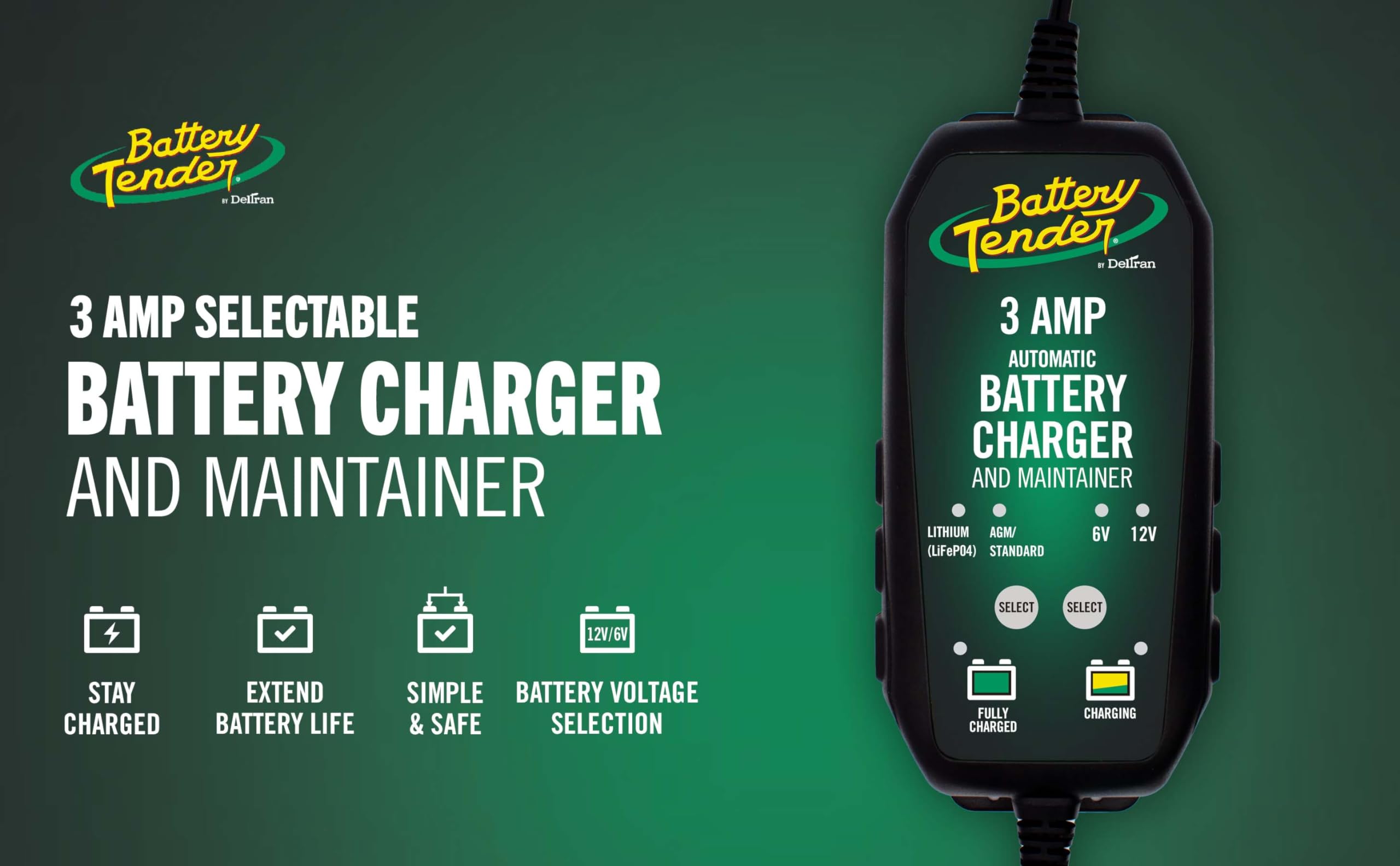 Battery Tender comparación de tamaño en mano mostrando tamaño portátil