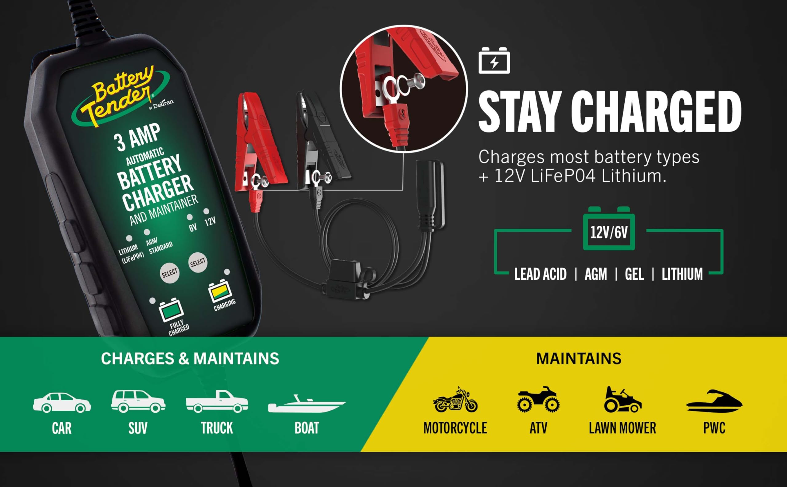 Battery Tender etiqueta con certificaciones UL CSA CE para seguridad
