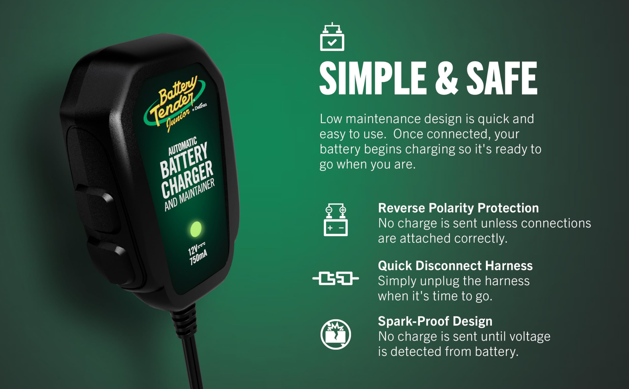 Battery Tender LED bicolor que indica el estado de carga y protección activa
