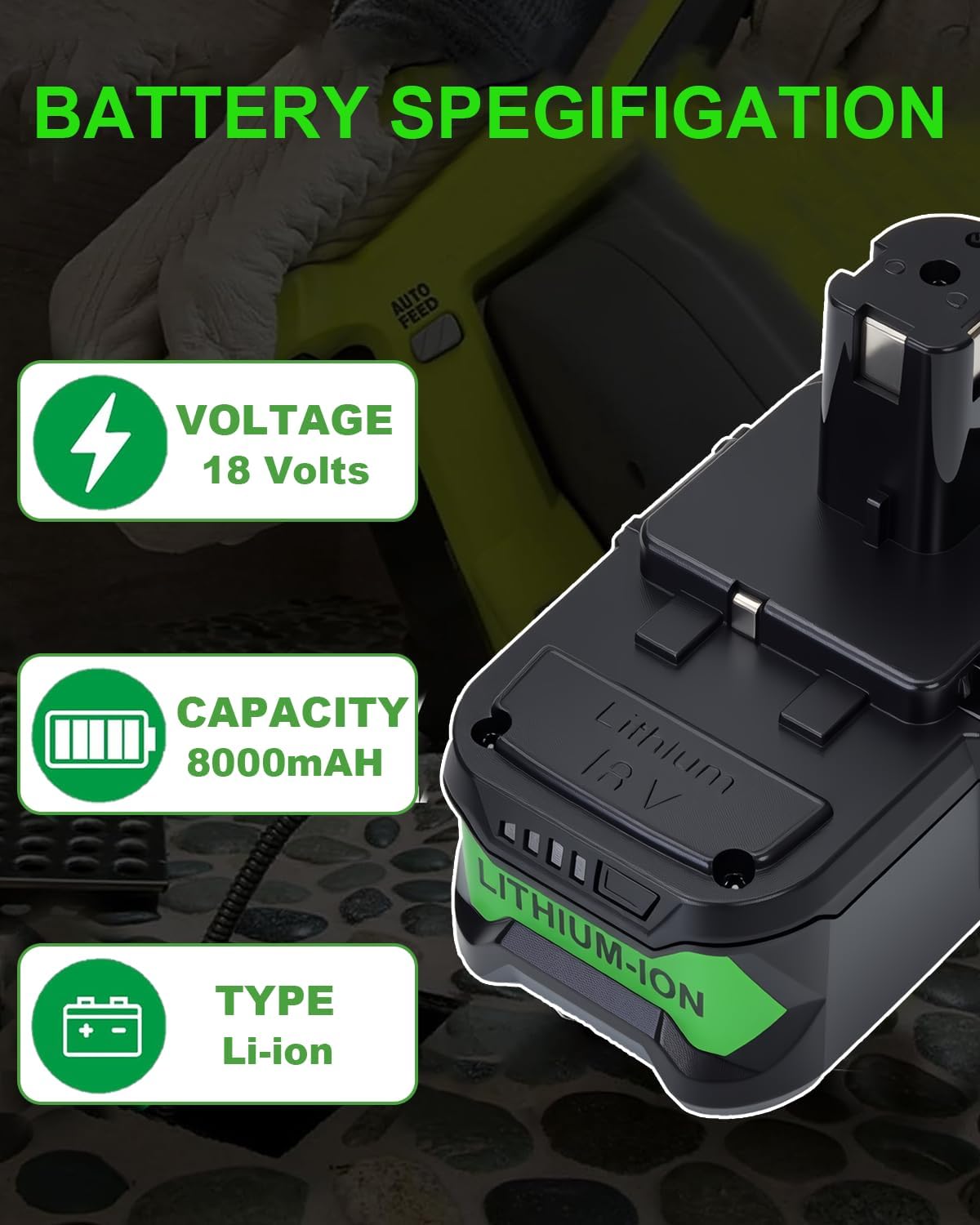 BATWAYPRO batería instalada en taladro Ryobi demostrando uso continuo eficiente