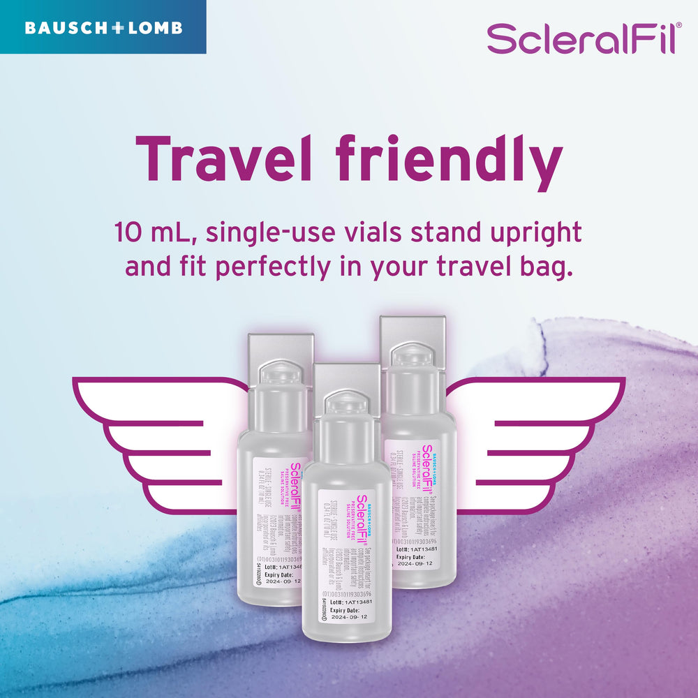 Bausch + Lomb vial being used to fill a scleral lens showing precise hydration for comfort