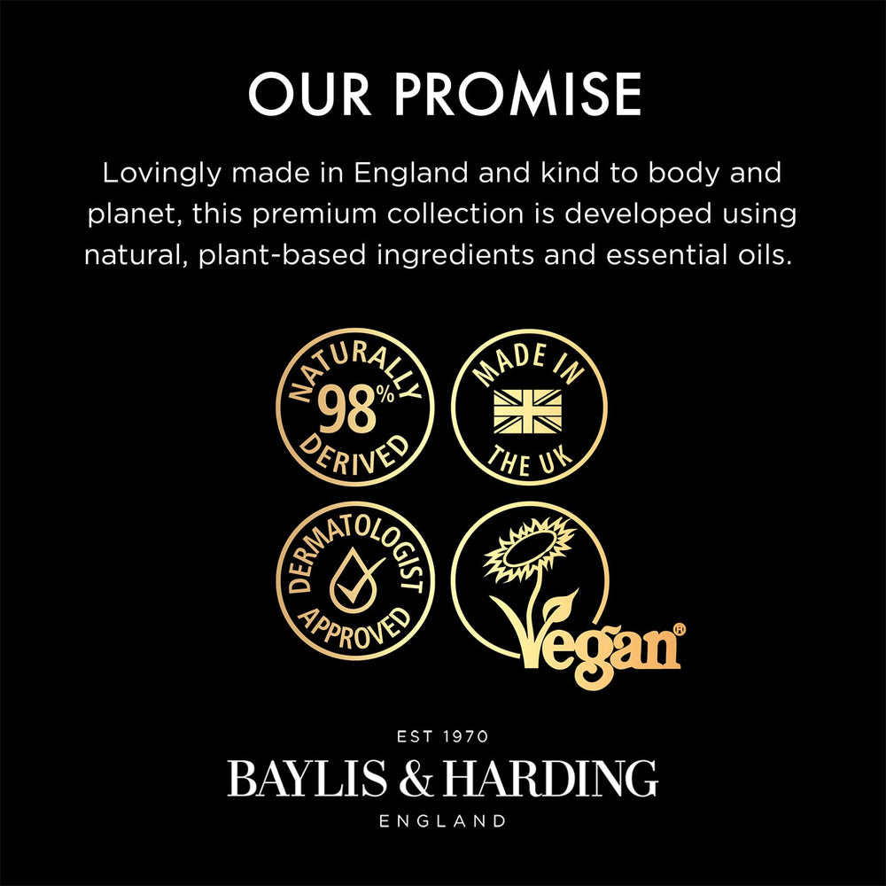 Baylis & Harding etiqueta con ingredientes naturales destacando extractos orgánicos