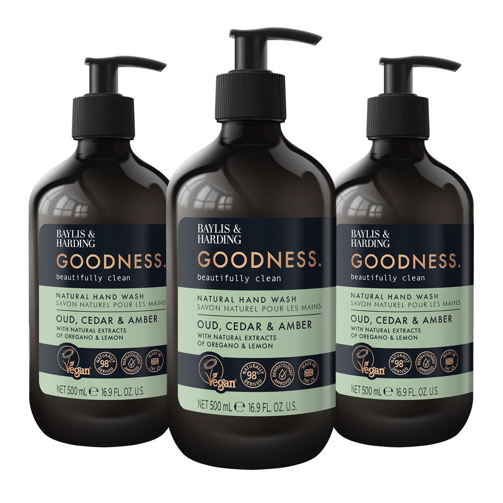 Baylis & Harding botella frontal 500ml Goodness con aroma Oud Cedar Amber y aspecto premium