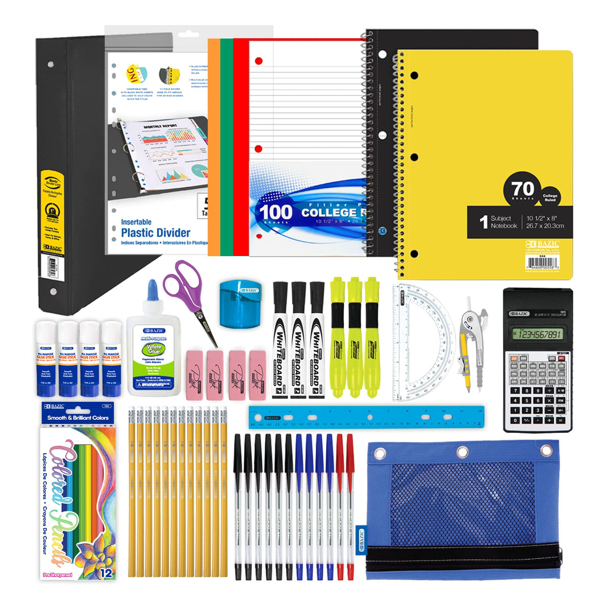 BAZIC PRODUCTS vista frontal del kit 65 piezas, solución completa escolar