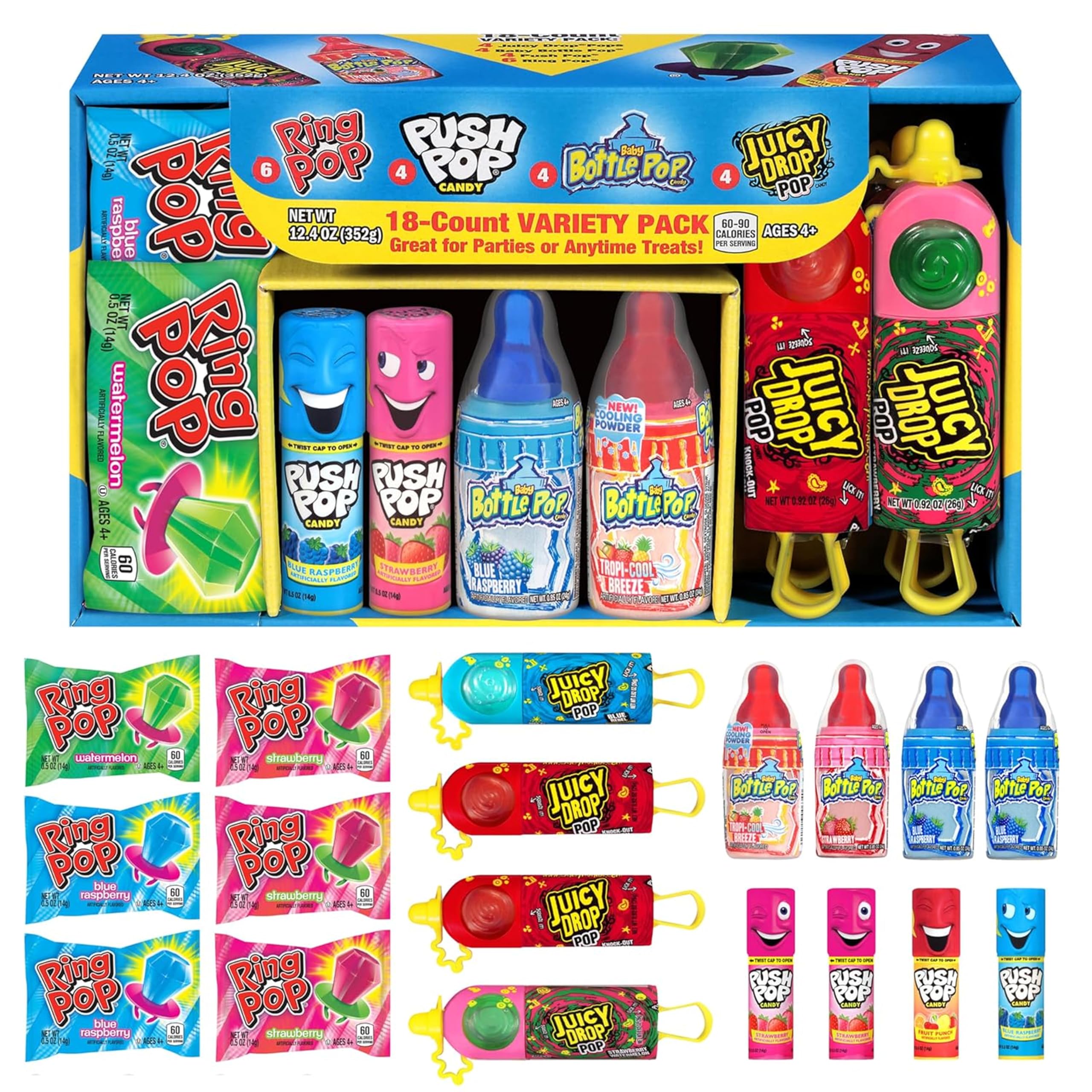 Bazooka Candy Brands frente del paquete con variedad de paletas para fiestas