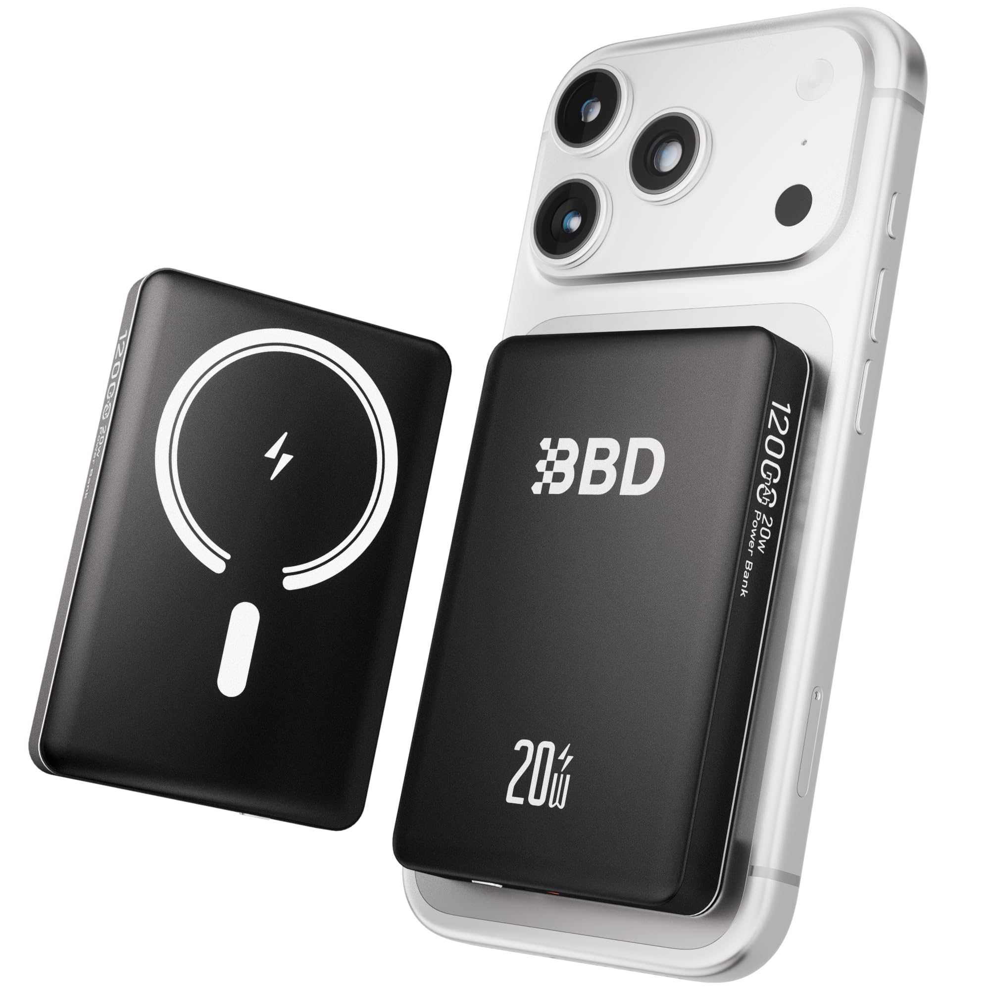BBD cargador portátil frontal mostrando diseño magnético y portabilidad