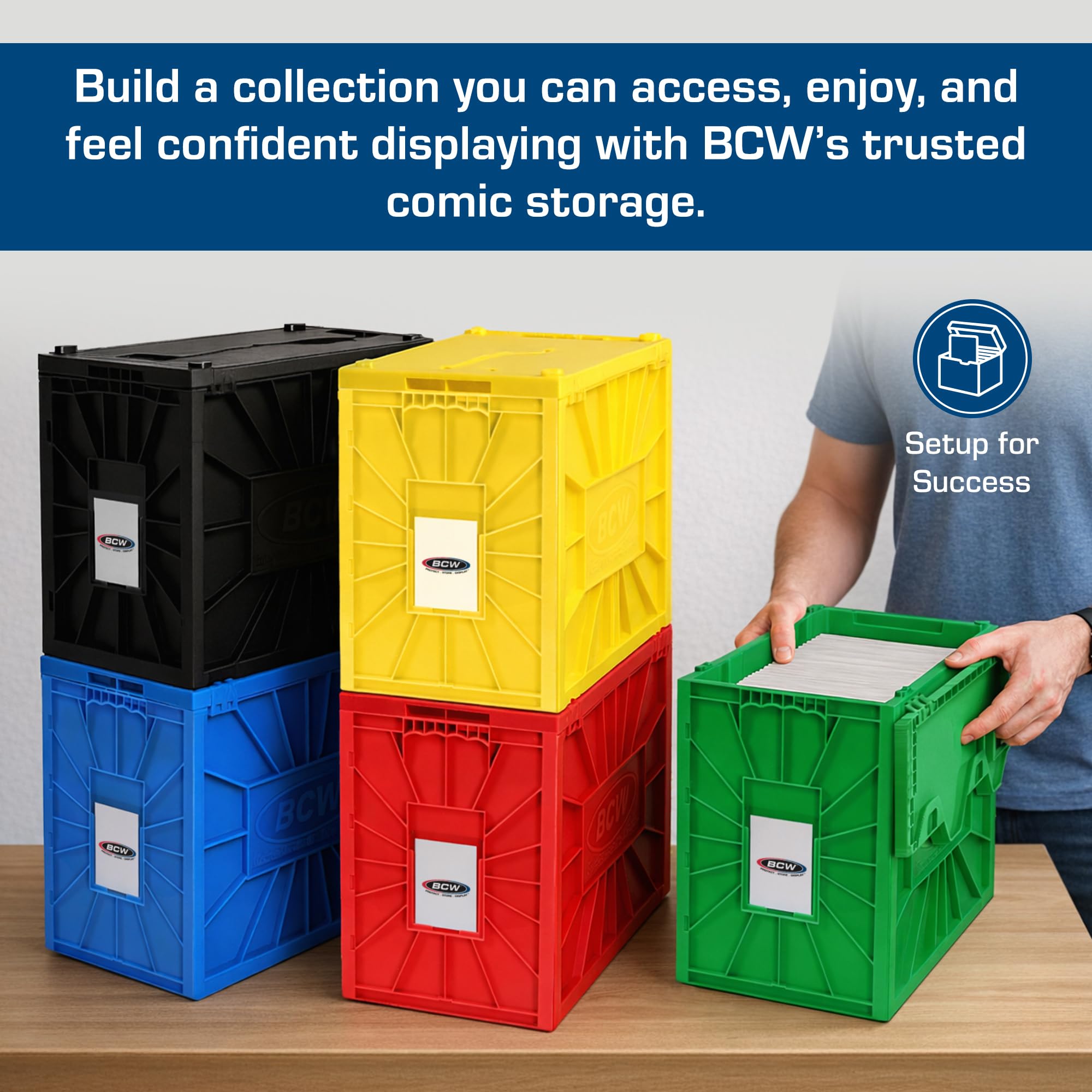 BCW caja junto a un cómic para comparar tamaño y capacidad