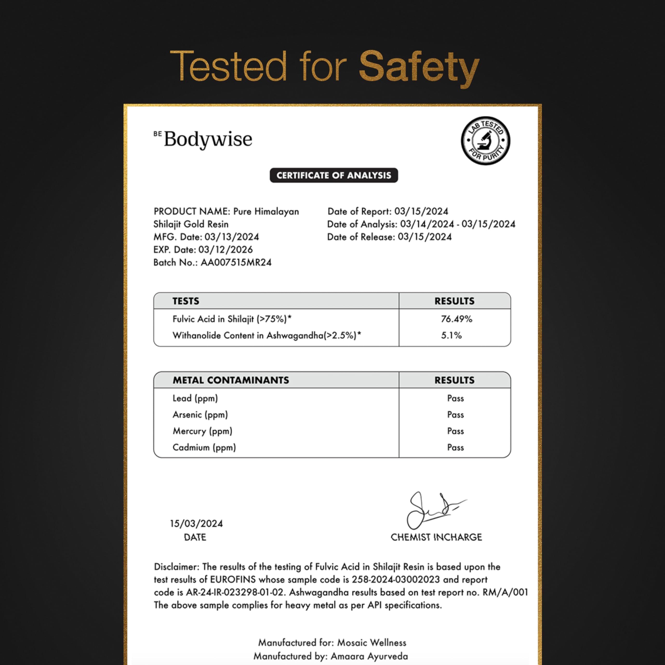 Be Bodywise etiqueta con certificado de laboratorio que garantiza pureza