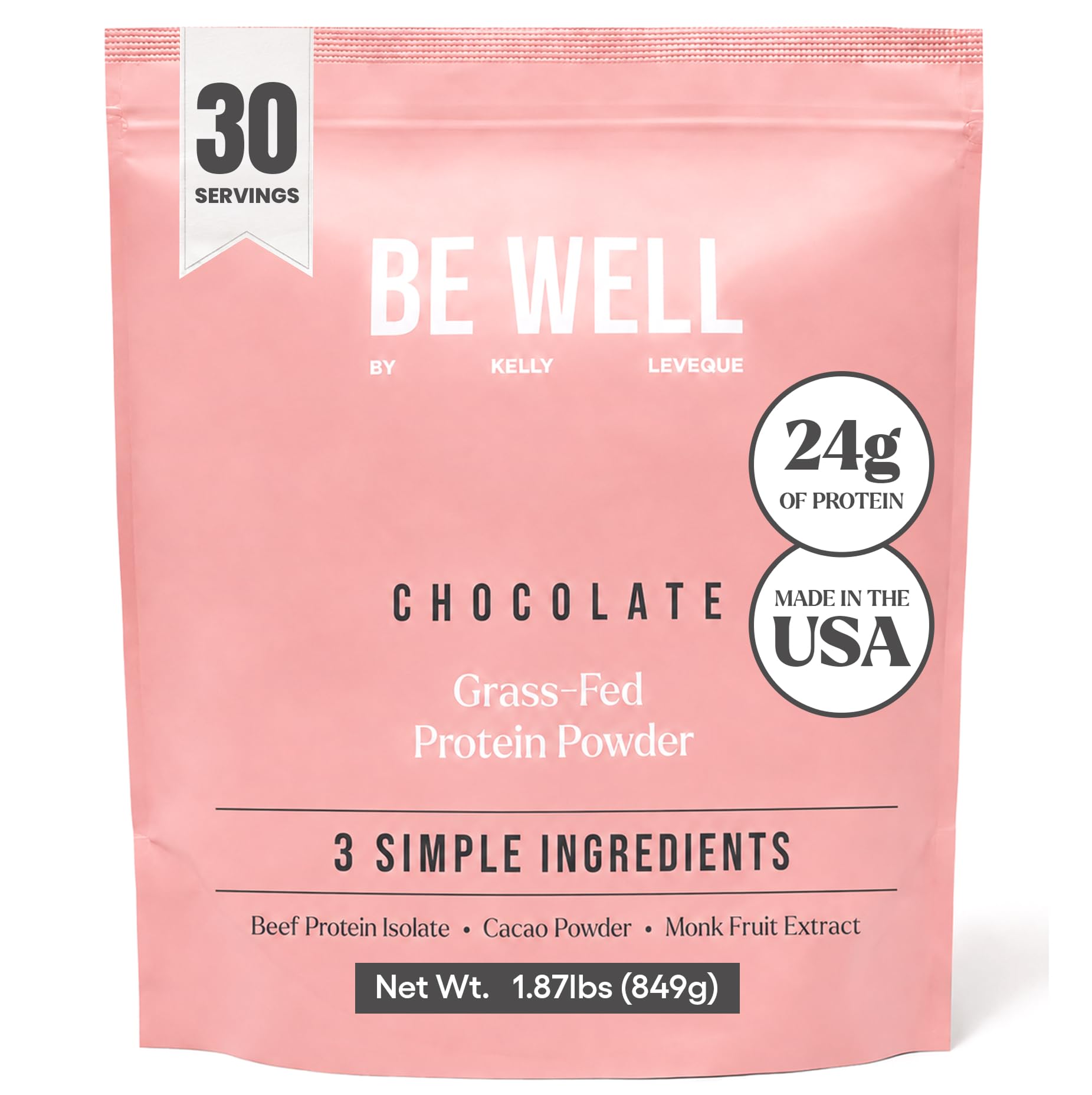 Be Well by Kelly envase frontal con diseño claro y proteína chocolate