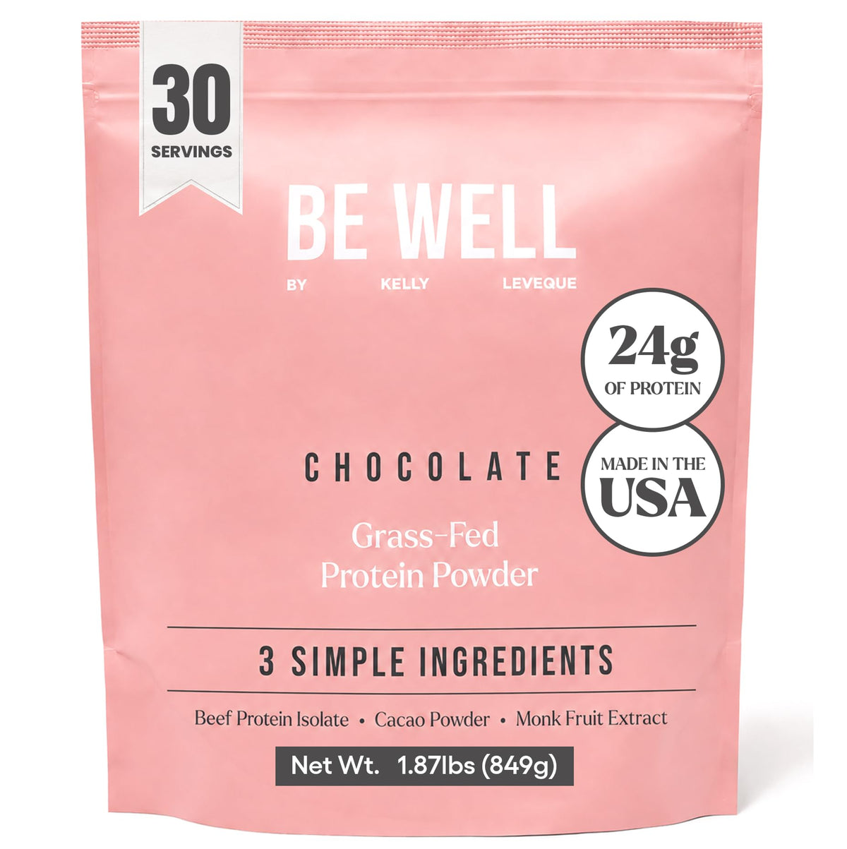 Be Well by Kelly envase frontal con diseño claro y proteína chocolate