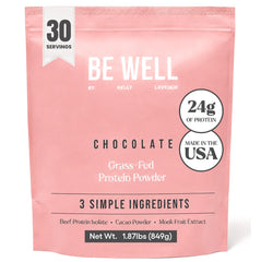 Be Well by Kelly envase frontal con diseño claro y proteína chocolate