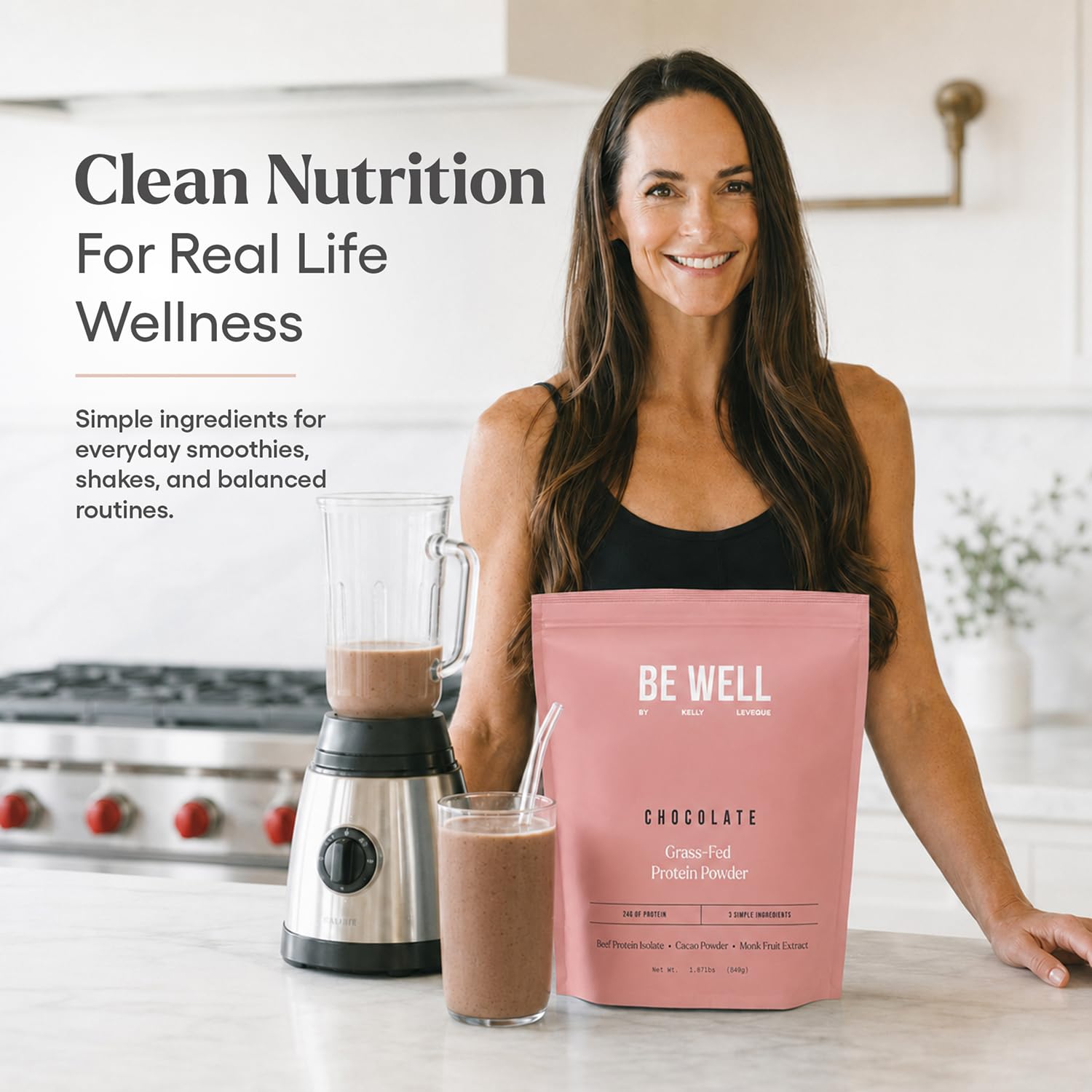 Be Well by Kelly ingredientes: proteína de res, cacao y fruta del monje