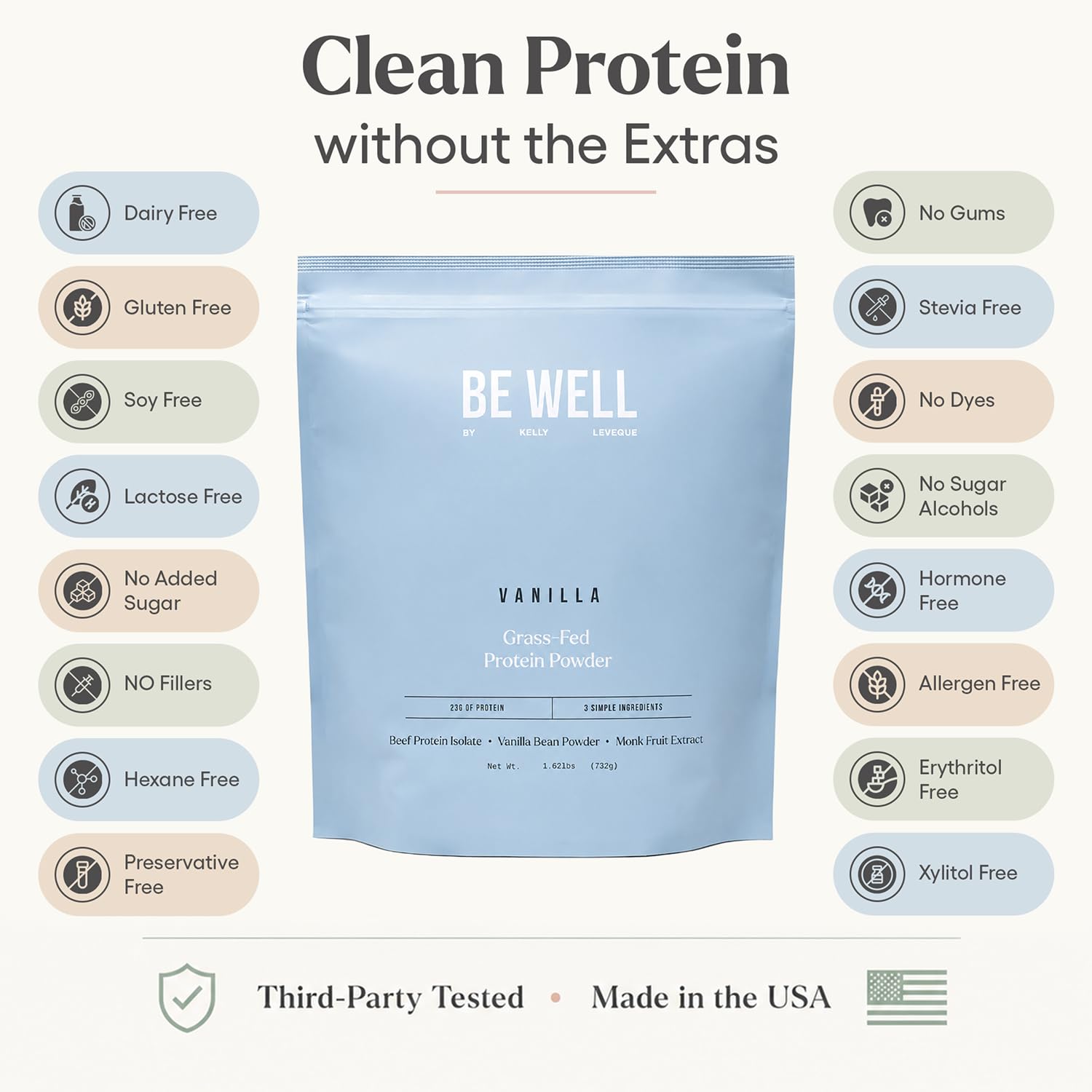 Be Well by Kelly cuchara con polvo destacando ingredientes minimalistas y sin azúcares