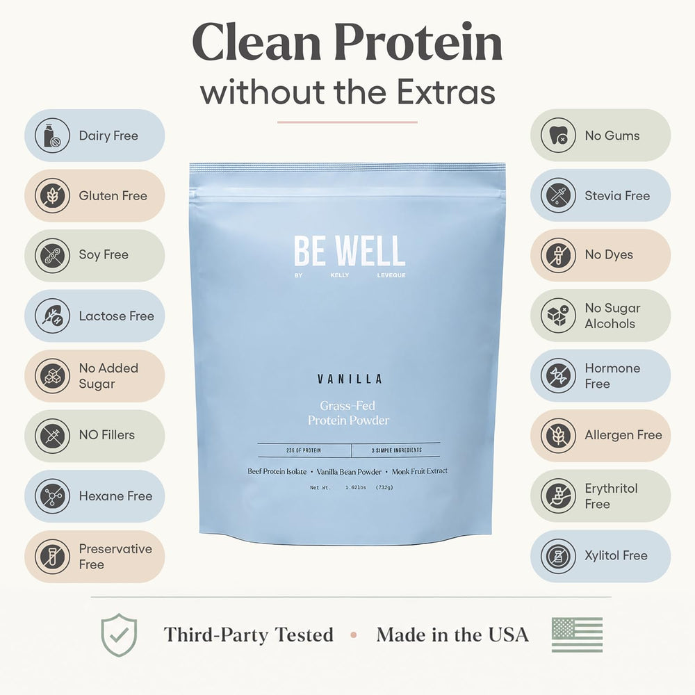 Be Well by Kelly cuchara con polvo destacando ingredientes minimalistas y sin azúcares