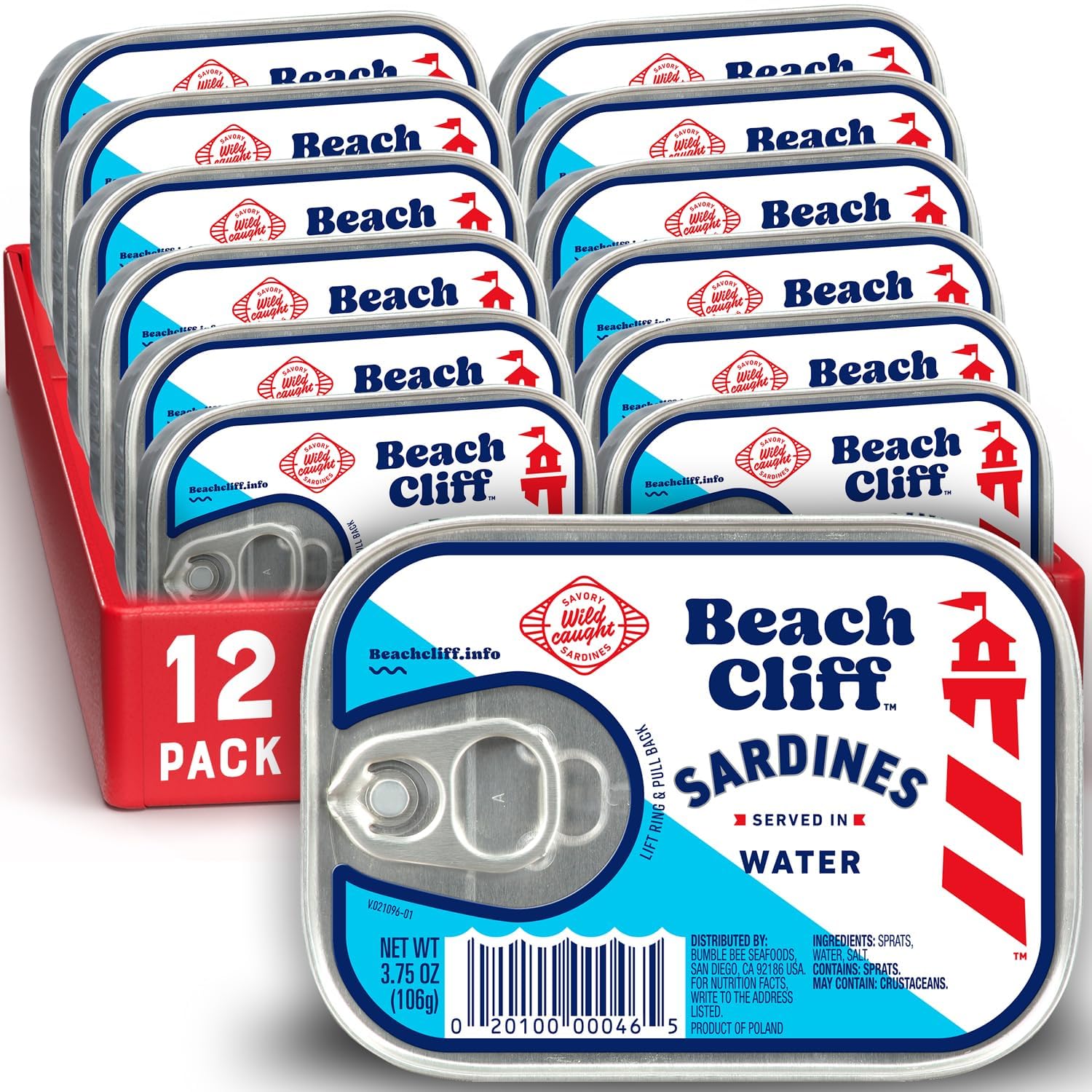 Beach Cliff lata frontal del pack de 12 con etiqueta clara y diseño informativo