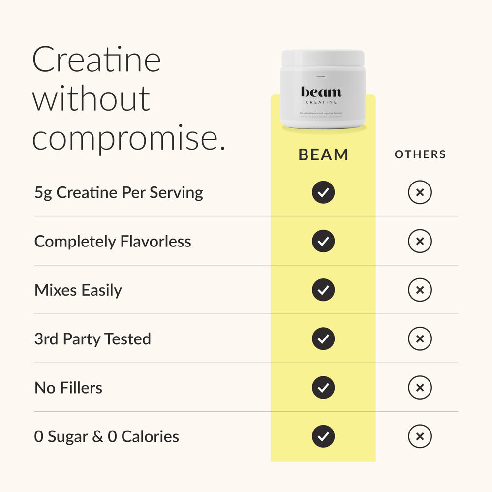 Vaso con BEAM creatina mezclada, bebida sin sabor lista para consumir