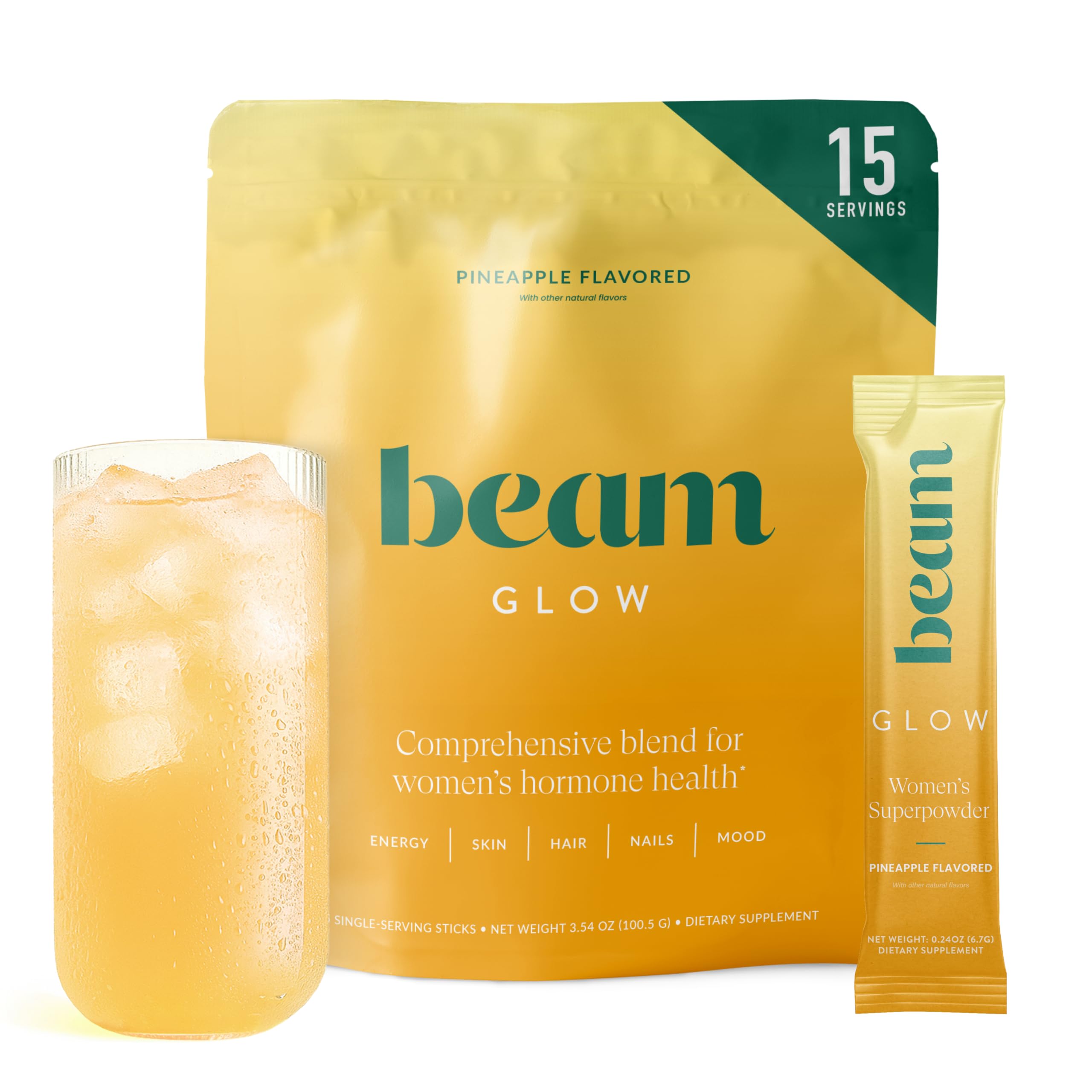BEAM Glow empaque frontal mostrando sobres y diseño, transmite conveniencia