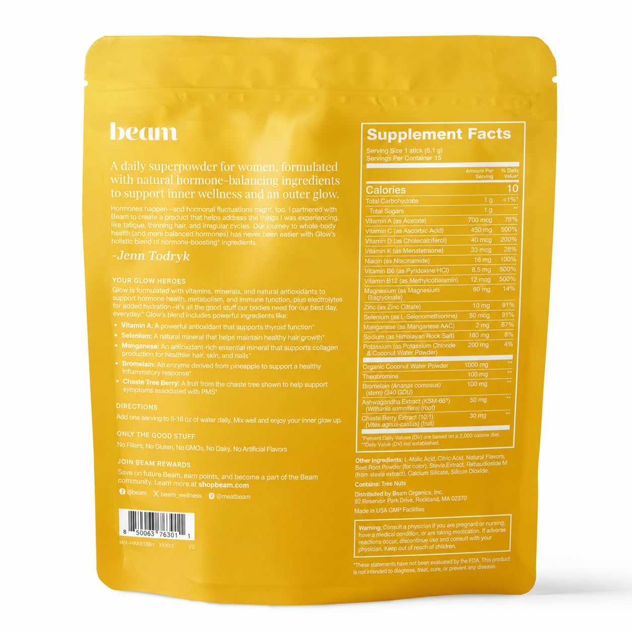 BEAM Glow en mesa de desayuno junto a fruta, integra rutina diaria saludable