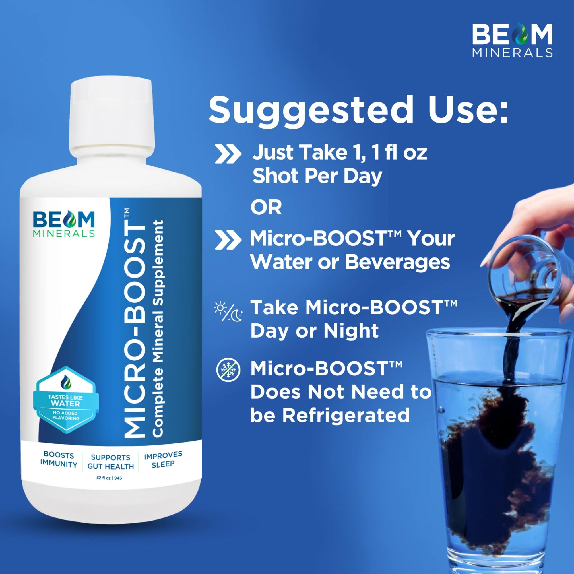 BEAM Minerals mezcla en vaso con agua, hidratación neutral y refrescante