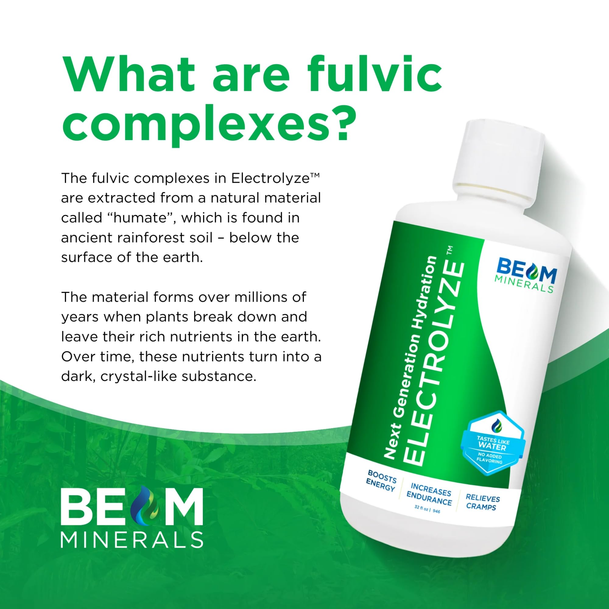 BEAM Minerals gota de solución sobre hoja, resalta origen humato fúlvico
