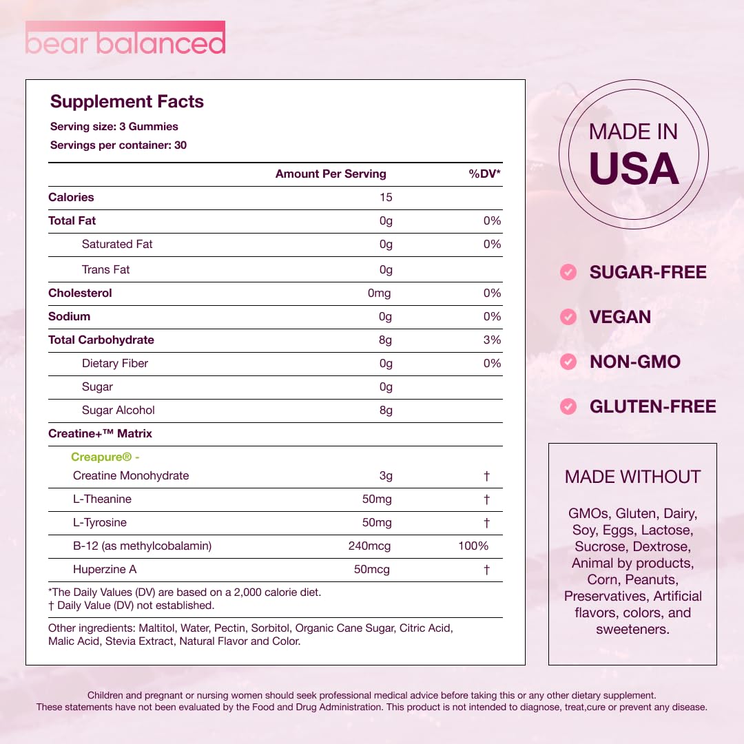 Bear Balanced etiqueta con lista de ingredientes y beneficios claros