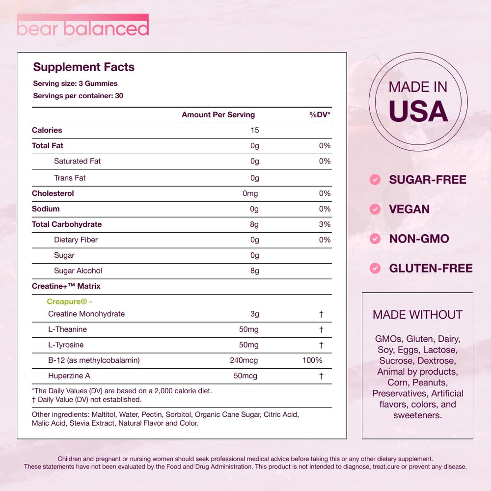 Bear Balanced etiqueta con lista de ingredientes y beneficios claros