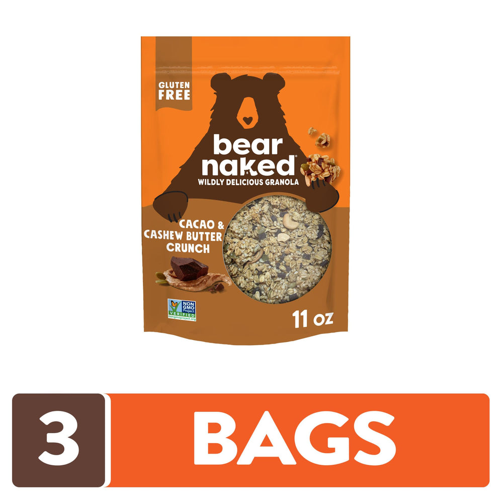 Bear Naked bol servido con leche y frutas, desayuno nutritivo y rápido