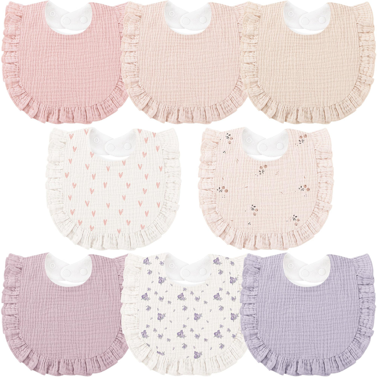 Bearmoss frontal del pack de 8 baberos mostrando colores y diseño práctico