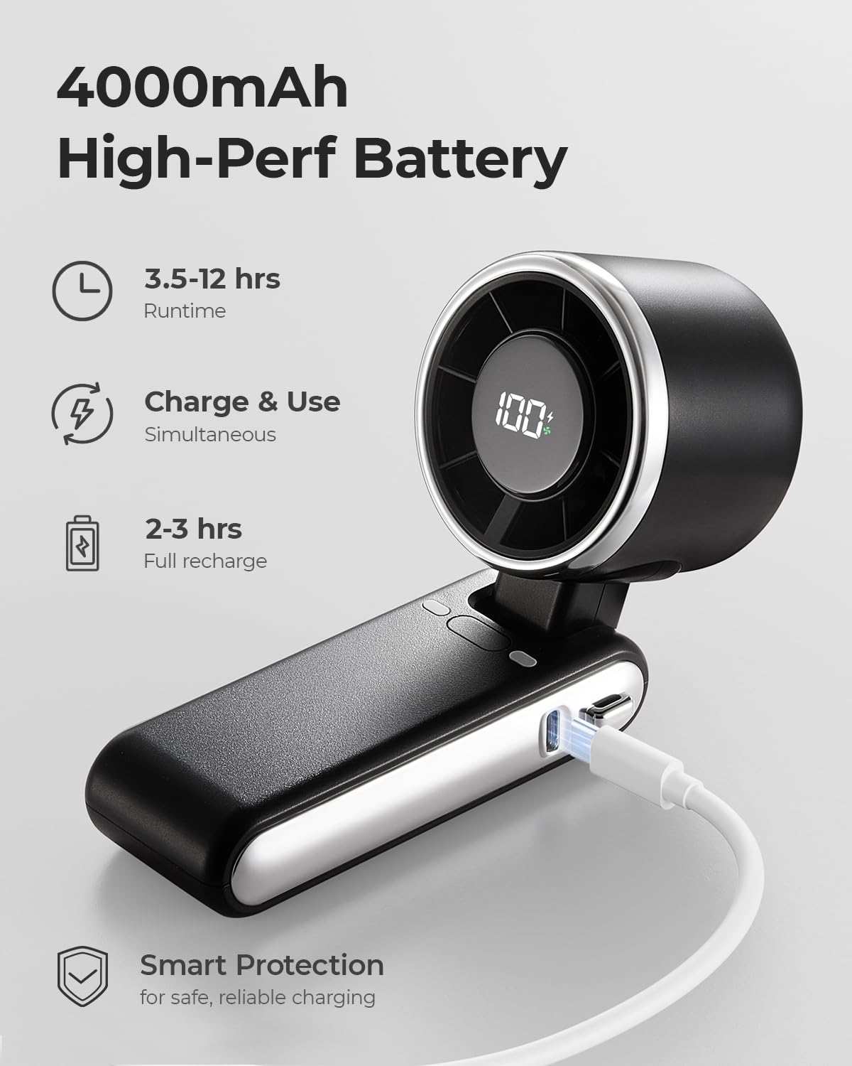 Bearwind ventilador colocado en mesa plegado 180 grados para uso estable