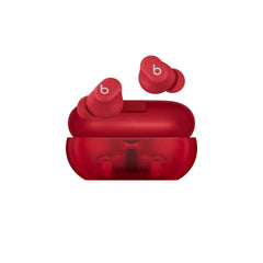 Beats Solo Buds rojo transparente vista frontal que muestra diseño compacto y estético