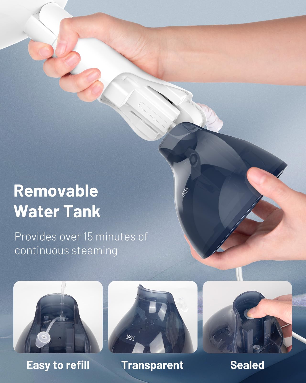 BEAUTURAL comparación de tamaño con una mano para mostrar portabilidad y control