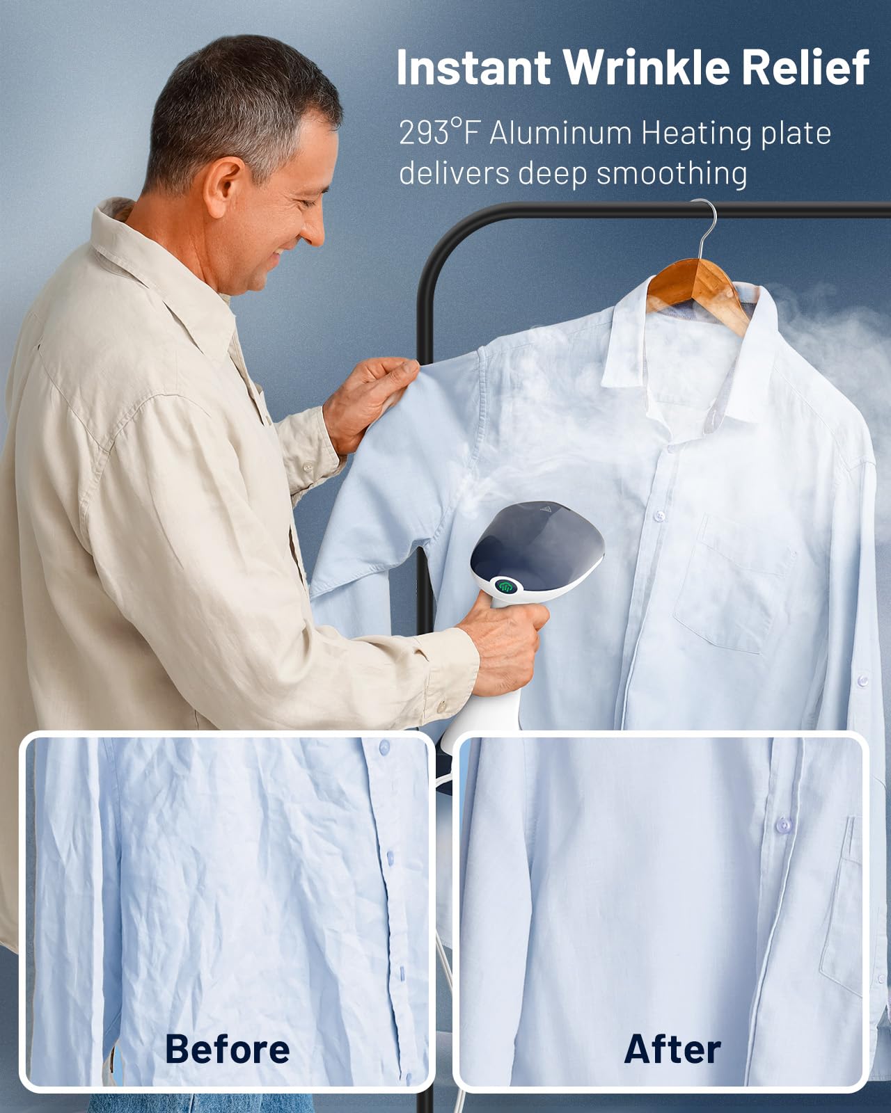 BEAUTURAL aplicando vapor sobre una camisa para eliminar arrugas rápidamente