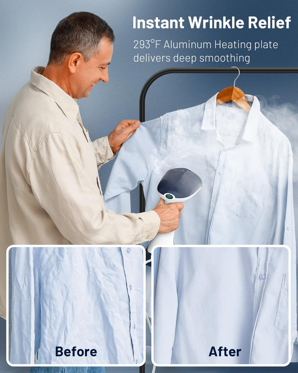 BEAUTURAL aplicando vapor sobre una camisa para eliminar arrugas rápidamente