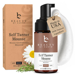Beauty by Earth front packaging showing clean tanning mousse and benefits