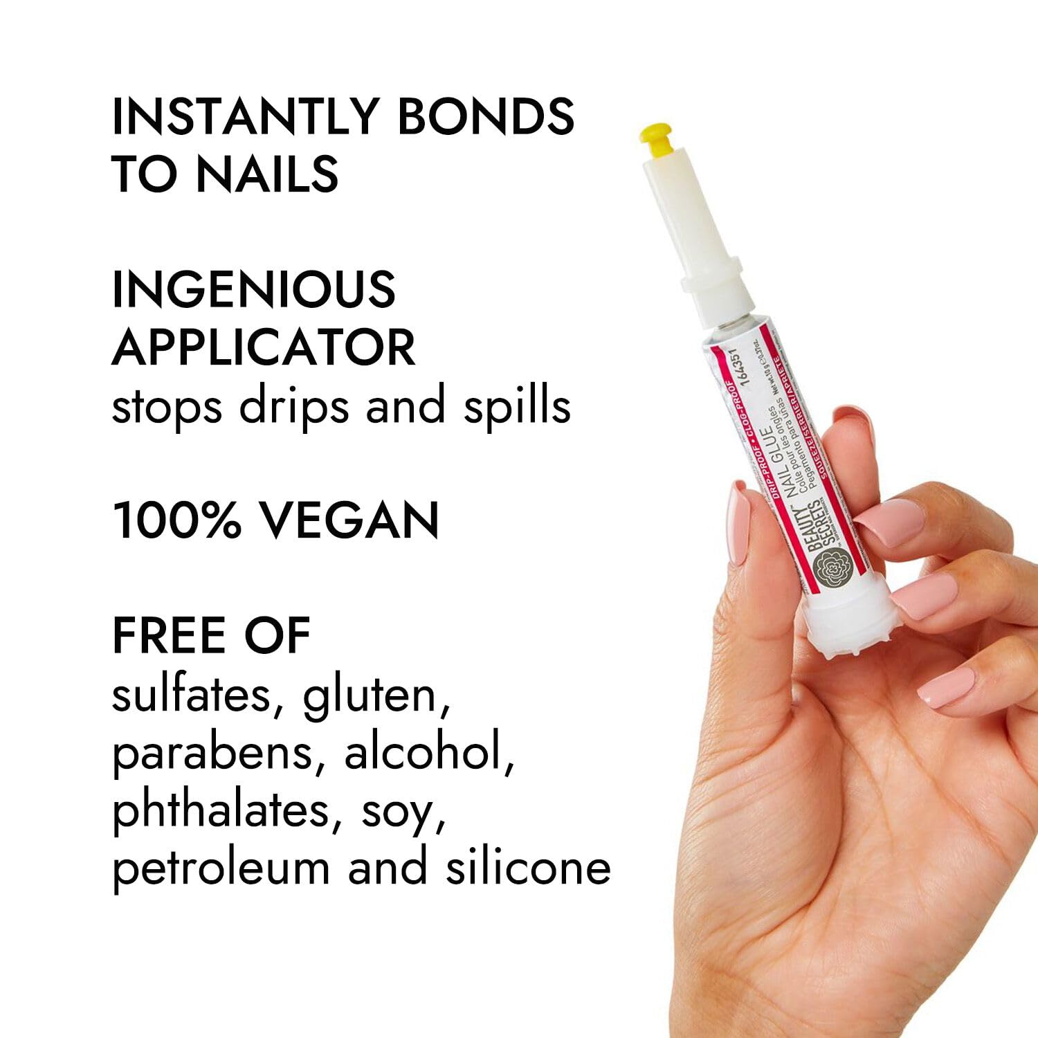 Beauty Secrets comparación de tamaño junto a una mano para referencia