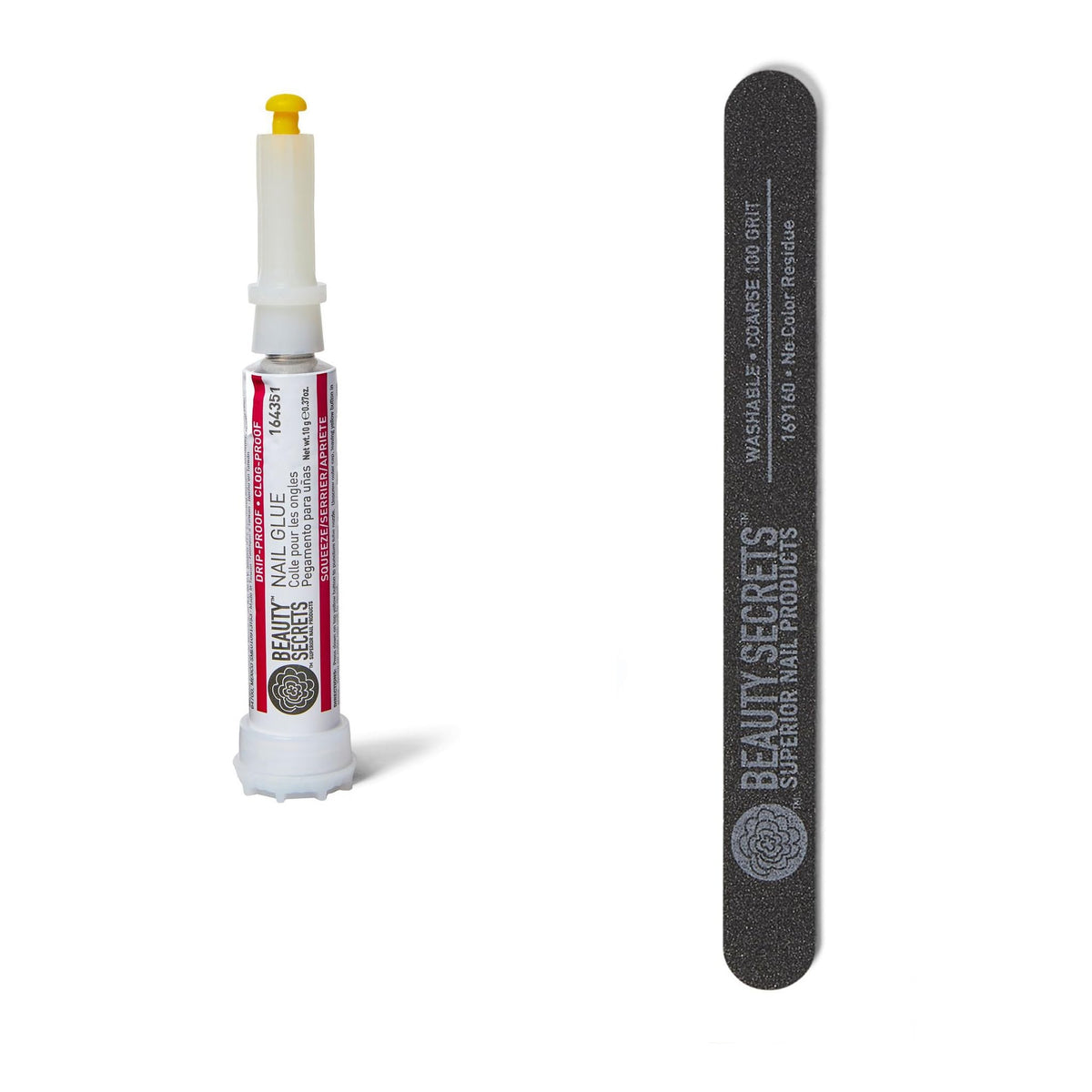 Beauty Secrets frasco y lima frontal mostrando el paquete compacto y portable