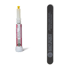 Beauty Secrets frasco y lima frontal mostrando el paquete compacto y portable