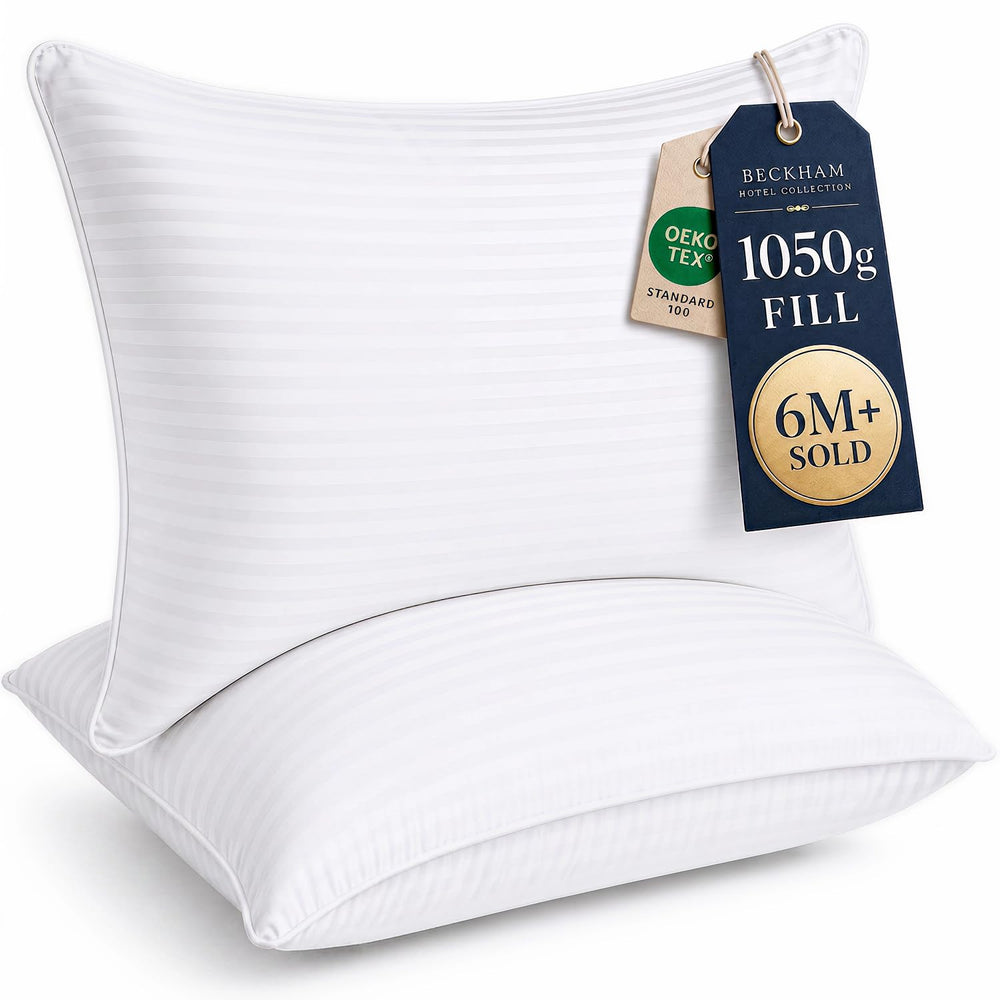 Beckham Hotel Collection frontal del juego de almohadas mostrando el empaque y beneficio de confort