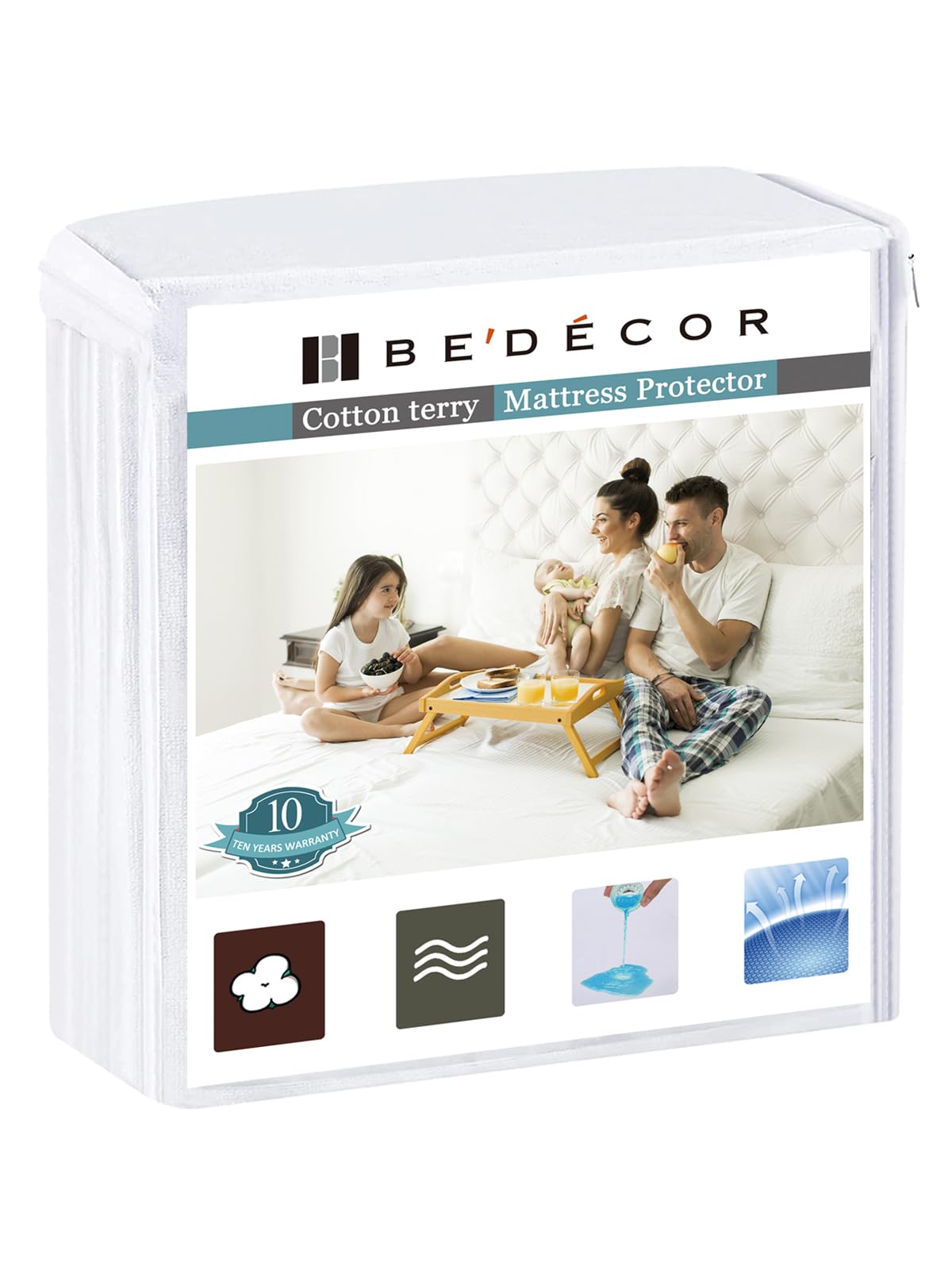 Bedecor vista frontal del protector Queen mostrando ajuste y diseño