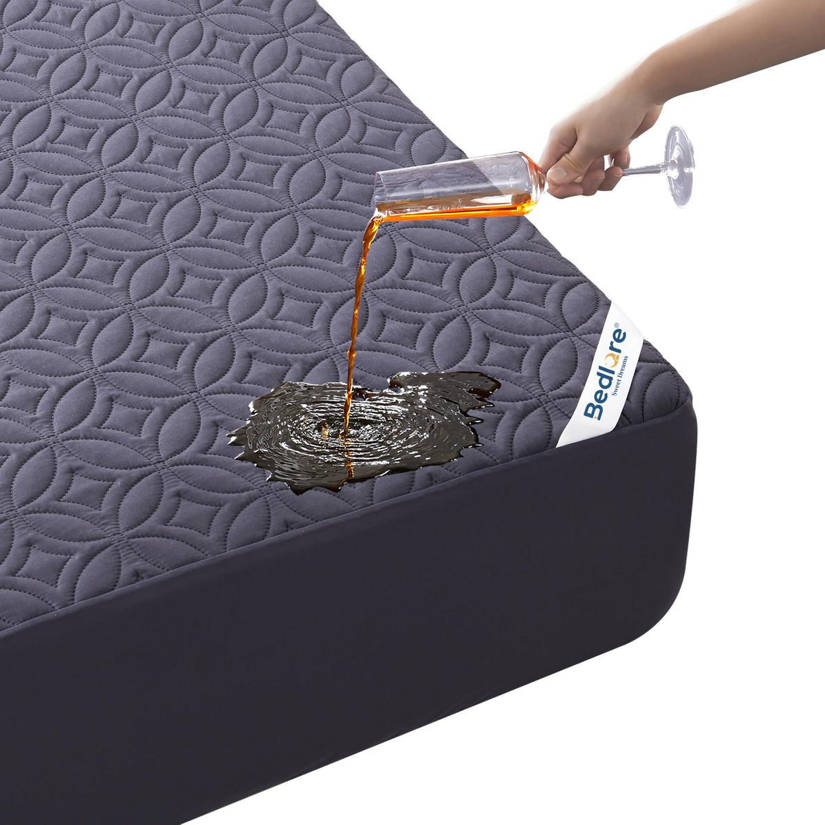 BEDLORE front view of king-size protector shows neat navy styling and protection benefits